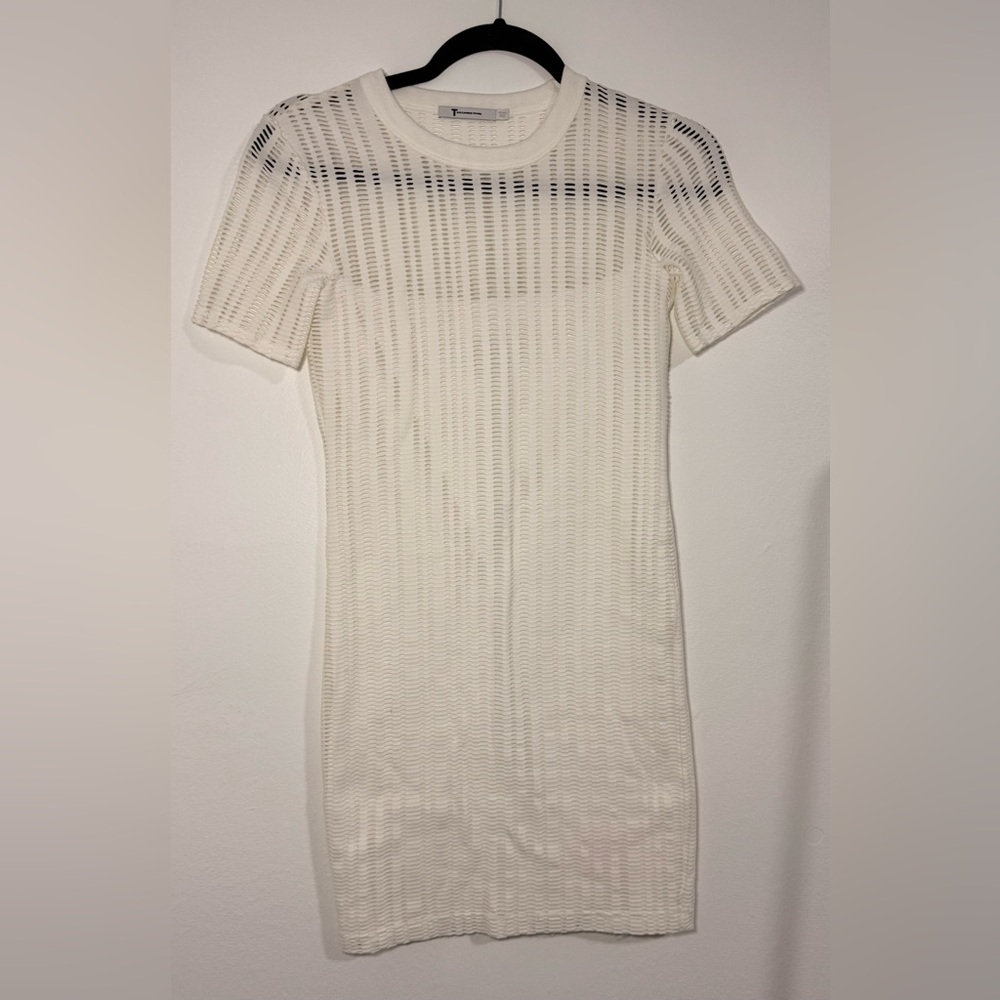 T Alexander Wang Perforated Torn Laser Cut Crochet Open-Work Dress Ivory Small S